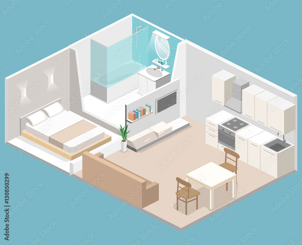 Isometric flat 3D concept vector interior of studio apartments