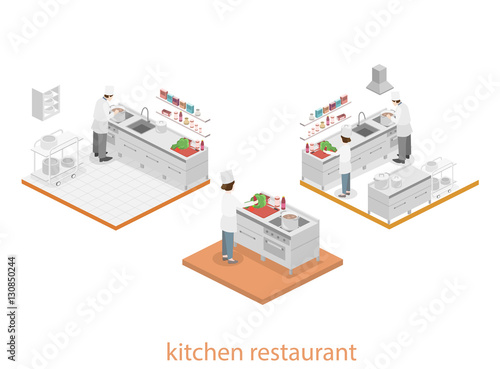 Isometric flat 3D interior of professional restaurant kitchen