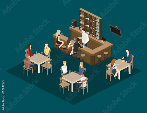 Isometric 3D flat interior of bar or pub.