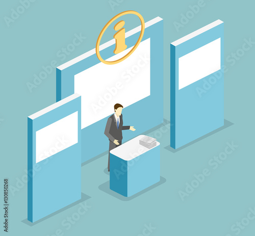 Isometric flat 3D concept vector exhibition or promotion stand.