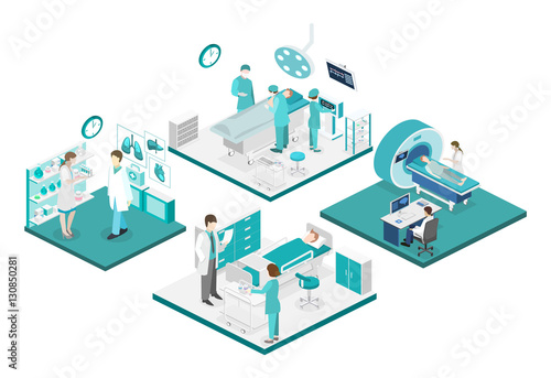 Isometric flat interior of hospital room, pharmacy, doctor's office, waiting , reception.