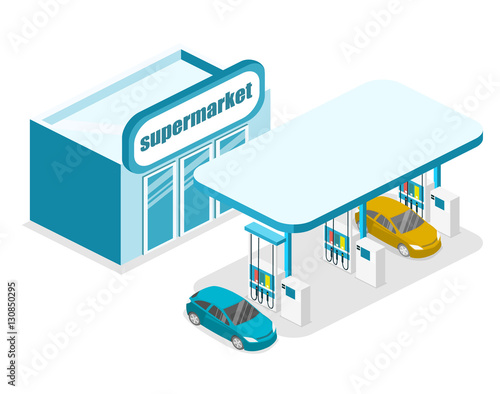 Isometric flat 3D vector outside Gas station, petrol station