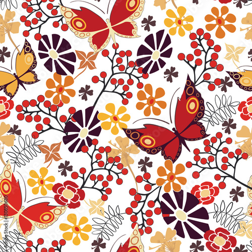 Seamless spring floral pattern with colorful butterflies and flowers (vector) EPS 8