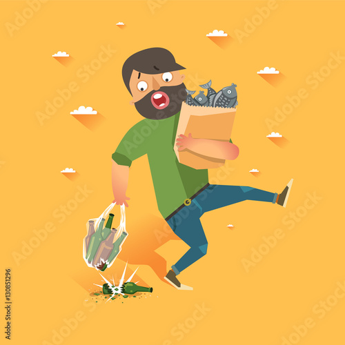 Oops! Concept Shit happens. Broken bottle of beer before party. Plastic shop bag. Colorful vector illustration