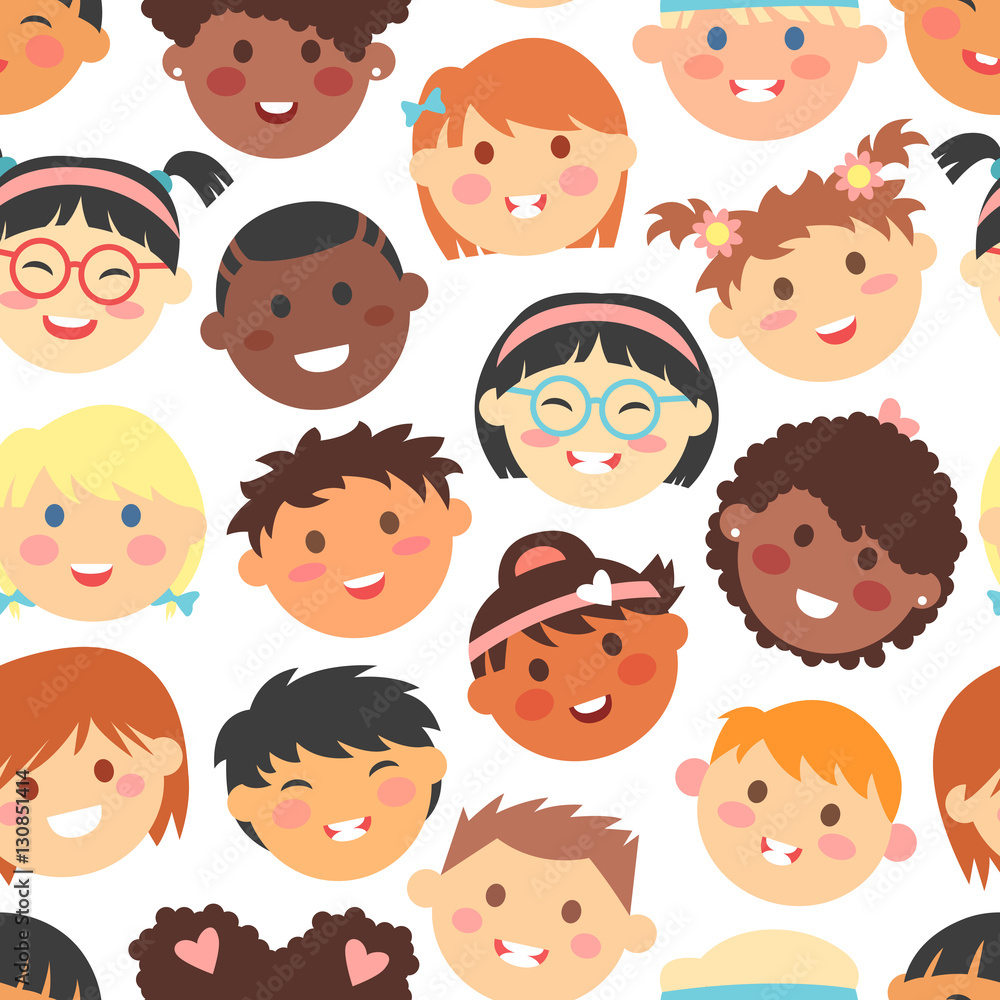 Vector seamless pattern of kids faces different races Vector seamless pattern of kids faces different races
