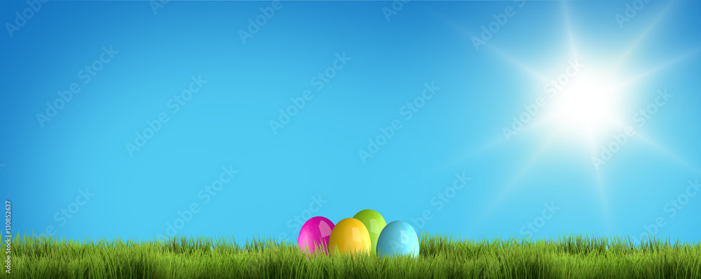 easter eggs hidden behind green grass 3d render