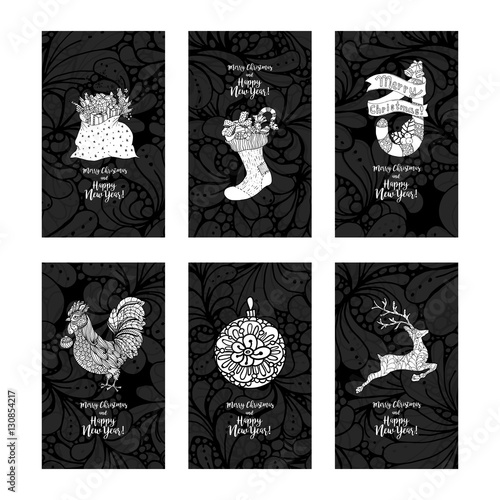 Greeting card set for New Year and Christmas. Hand drawn doodles elements. Vertical vector