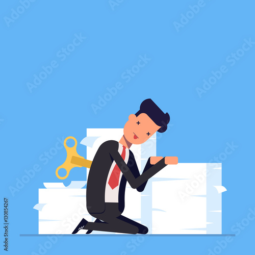 Tired businessman or manager sits near a large pile of documents. The lack energy to do work. It takes charge man. Vector, illustration EPS10.
