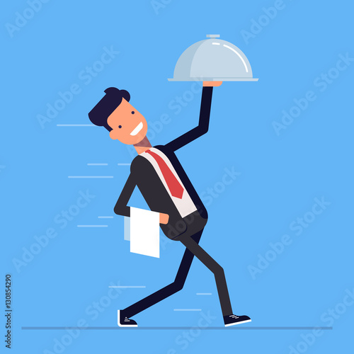 Waiter quickly comes with a tray and towel in his hand. Young worker in restaurant in hurry to visitors or customers. Vector, illustration EPS10.
