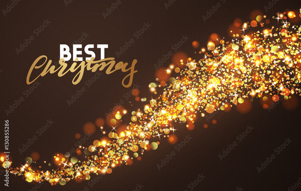 Christmas background with bright realistic glitter confetti of stars. Xmas Holiday glowing lights effect. Greeting cards design Merry Christmas and Happy New Year, lettering label. Christmas background with bright realistic glitter confetti of stars. Xmas Holiday glowing lights effect. Greeting cards design Merry Christmas and Happy New Year, lettering label.