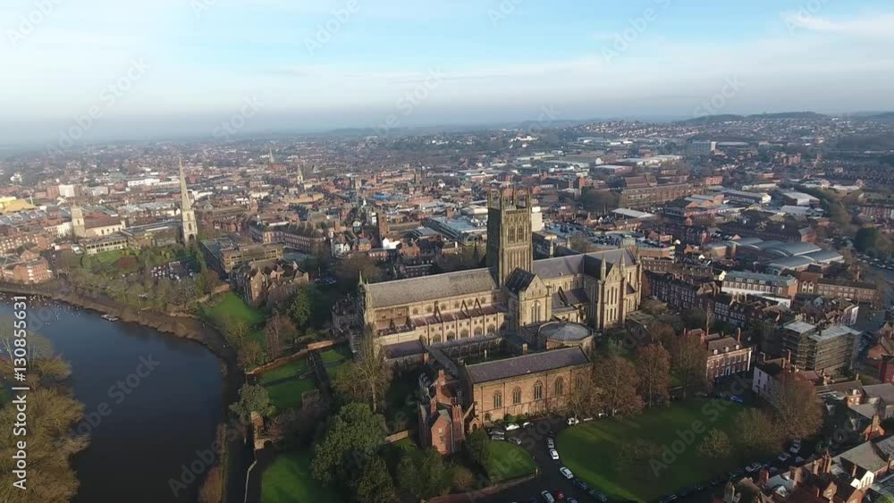 Panning aerial view of Worcester Cathedral. Panning aerial view of Worcester Cathedral.