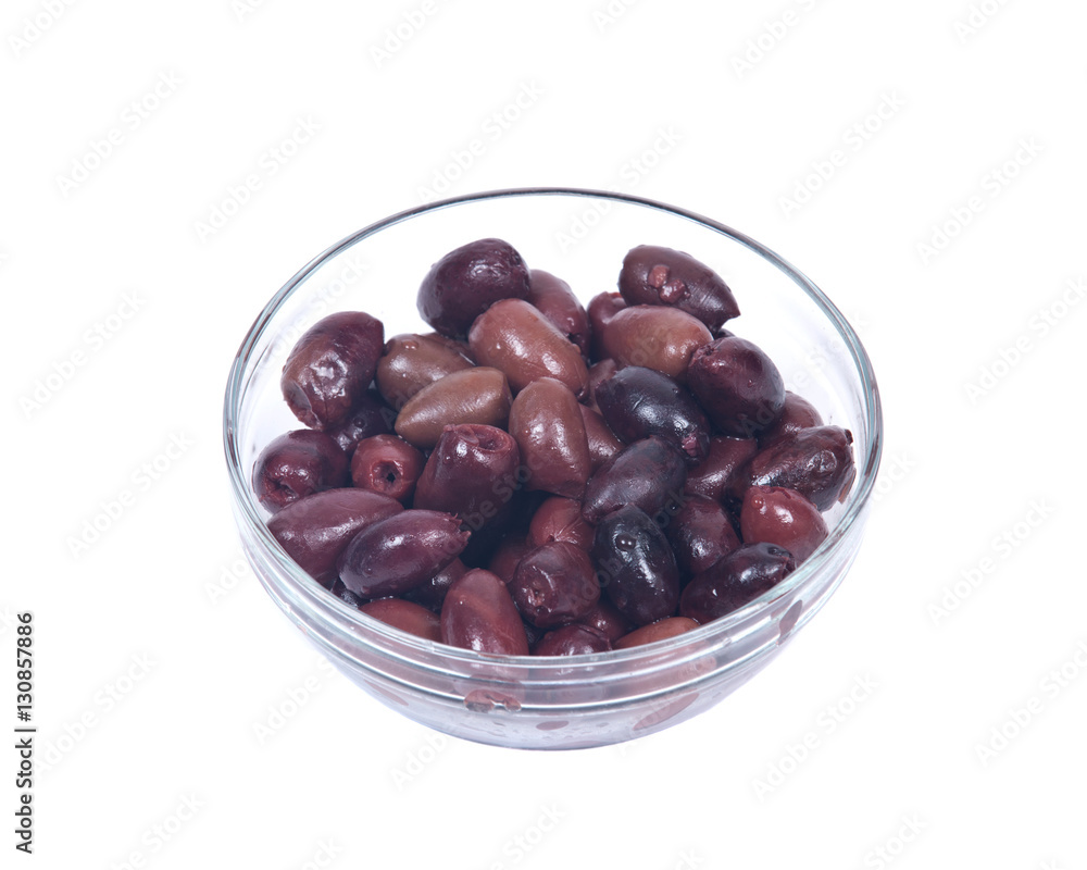 Jumbo pitted kalamata olives in bowl isolated on white background Jumbo pitted kalamata olives in bowl isolated on white background