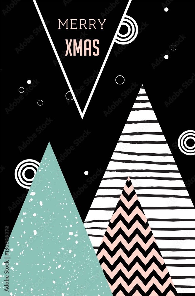 Plakat Wesołych Świąt Bożego Narodzenia, abstrakcyjne tło geometryczne, plakat, motyw i styl skandynawski