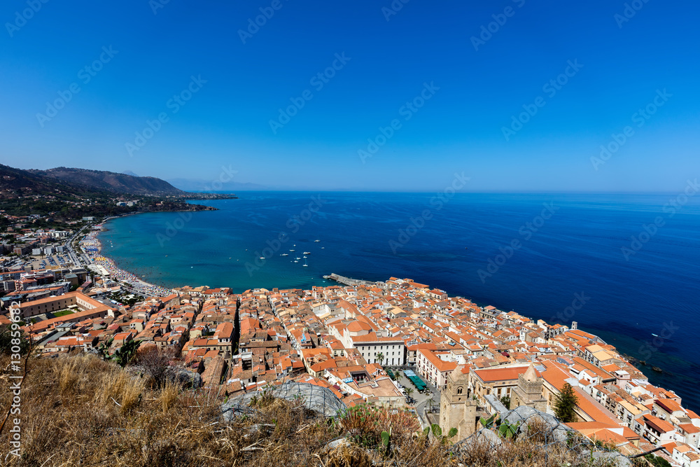 View of the town of Cefalu, Sicily, Italy from the La Rocca hilltop