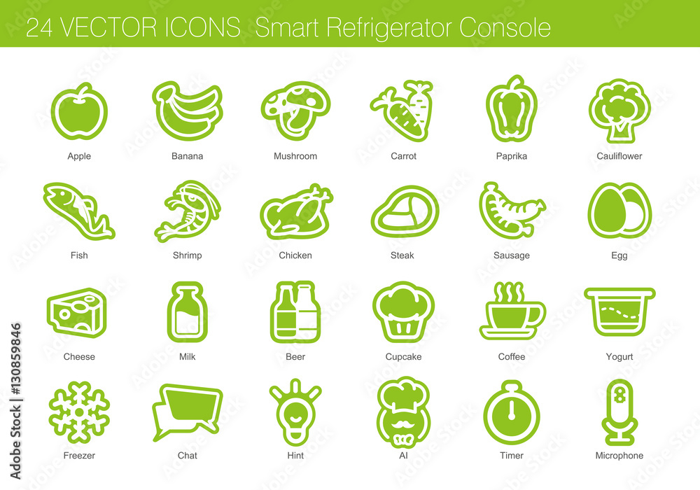 Icon set of food, drink and smart refrigerator Icon set of food, drink and smart refrigerator