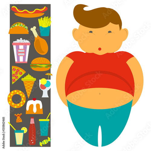 Obesity infographic template - junk fast food, childhood overweight elements, fat kids. Diet and lifestyle data visualization concept poster. Vector illustration eps10