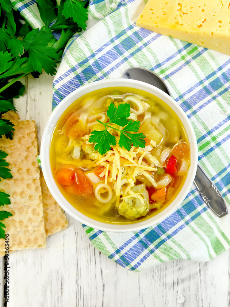Soup Minestrone in bowl on board top Soup Minestrone in bowl on board top