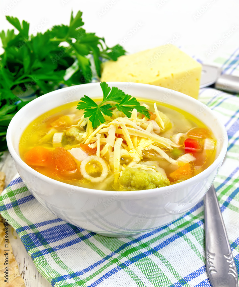 Soup Minestrone in bowl on napkin Soup Minestrone in bowl on napkin
