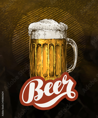 Fresh craft beer in glass mug. Vintage poster for cold ale. Vector illustration