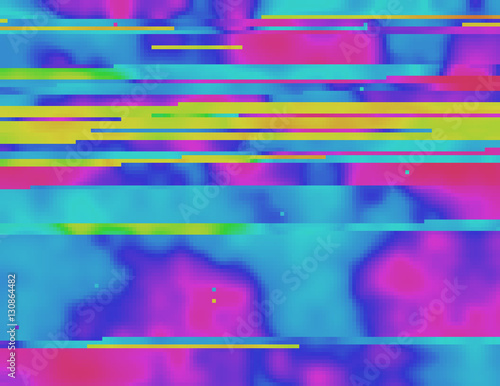 Colorful glitched background in a psychedelic rave aesthetic. Contemporary abstract vector illustration. Corrupted pixel image structure. Collapsing data due the signal error. Element of design.