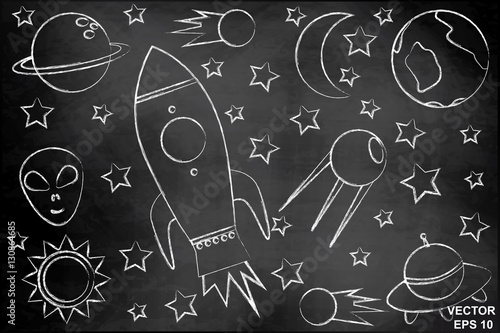 Children set space. Of blue color. On the chalkboard. Planets. Rocket.