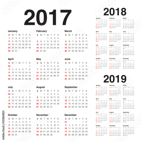 Simple Calendar template for 2017 to 2019