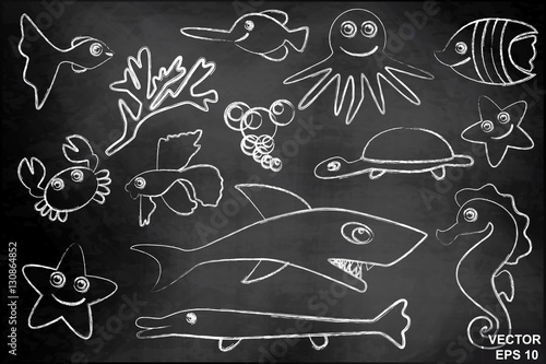 Set of marine inhabitants. Fish. Chalk board. Children. Funny.