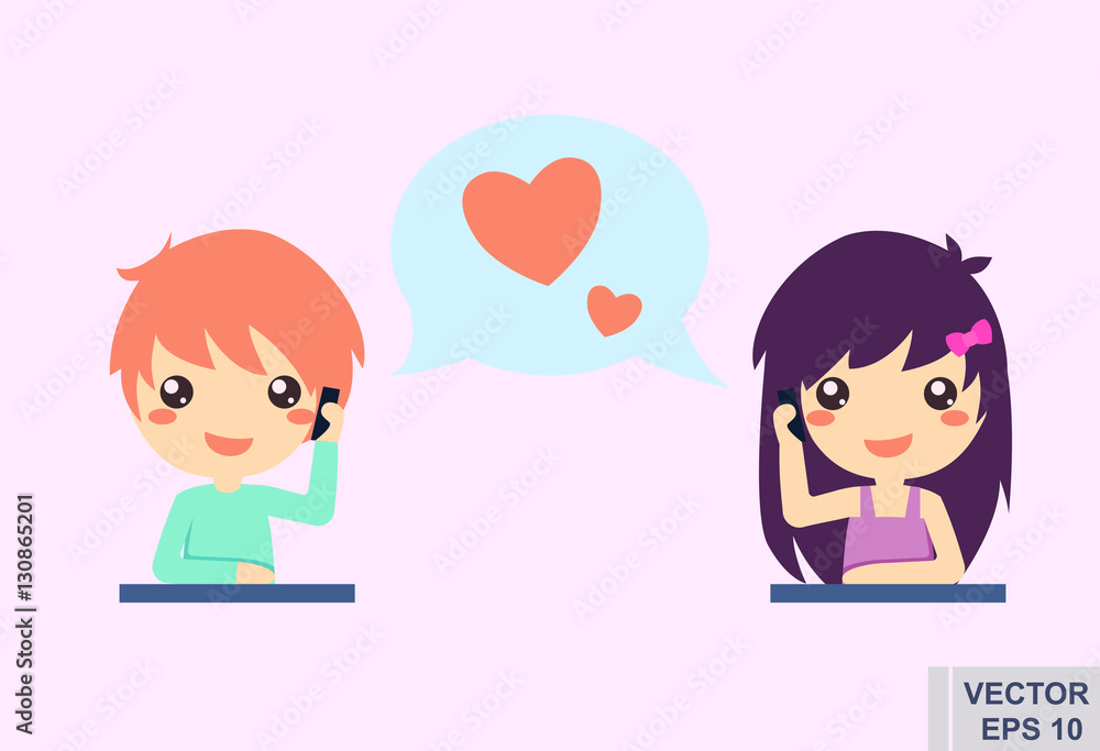 cute cartoon couple call on phone. Girl boy in love. Happy valentine day.  Vector illustration Stock Vector | Adobe Stock