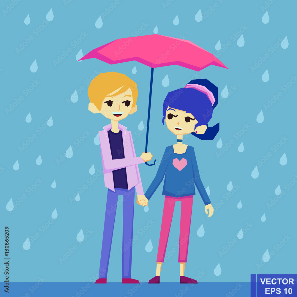 Boy and girl dating under the rain Vector cute cartoon illustration. Boy and girl dating under the rain Vector cute cartoon illustration.