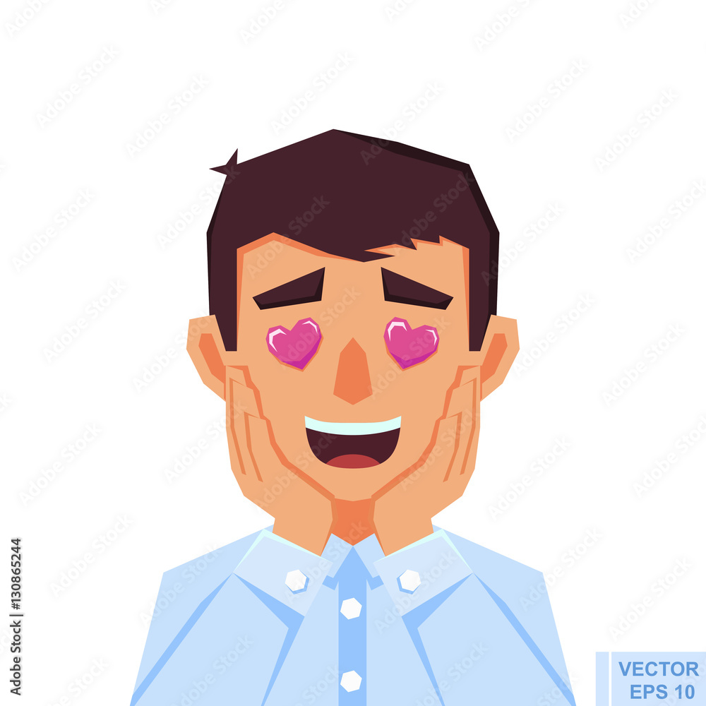 Illustration of a man guy boy with heart. Fall in love, emoji, facial expression, emotional face. Flat style vector