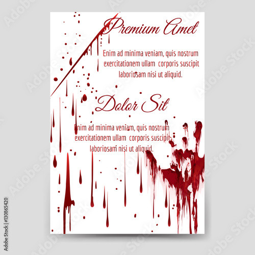 Horror flyer template with bloody drops and handprint vector