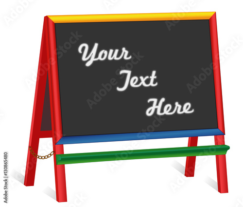 Chalkboard easel, wide multi color wood frame blackboard sign, copy space to customize with your text for business or school. EPS8 compatible.