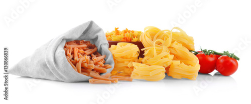 Different kinds of pasta on white background