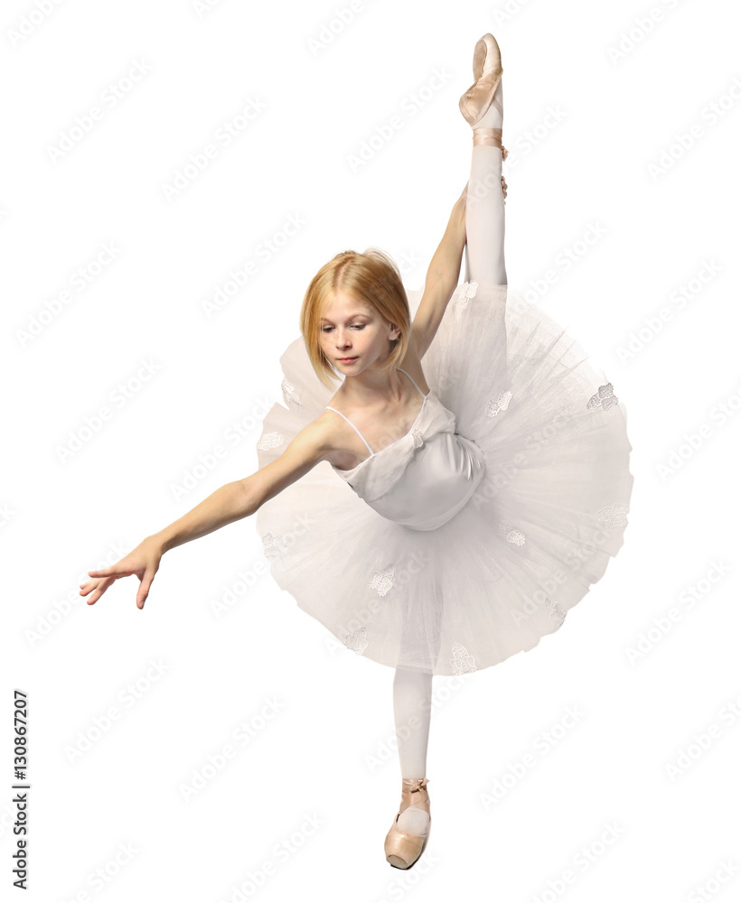 Obraz premium Young beautiful ballerina dancer posing on white background