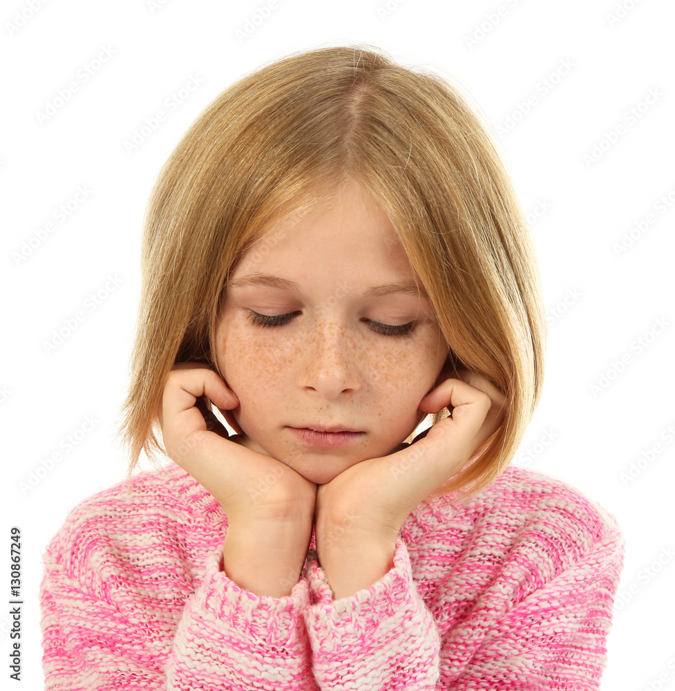 Portrait of sad little girl isolated on white Portrait of sad little girl isolated on white