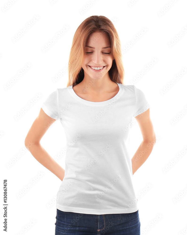Young woman in blank t-shirt on white background Young woman in blank t-shirt on white background