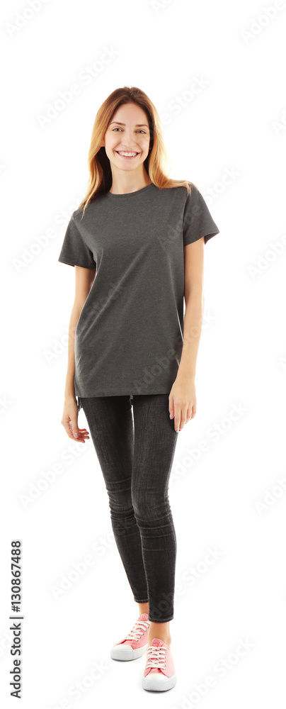 Young woman in blank grey t-shirt on white background Young woman in blank grey t-shirt on white background