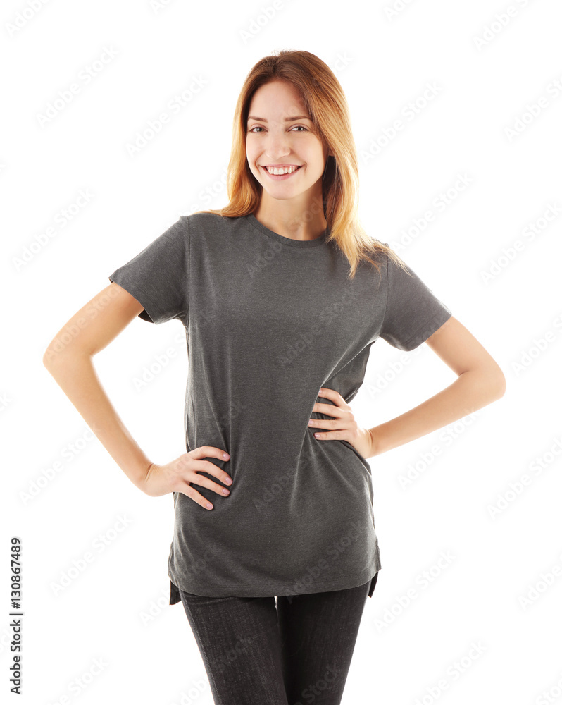 Young woman in blank grey t-shirt on white background Young woman in blank grey t-shirt on white background
