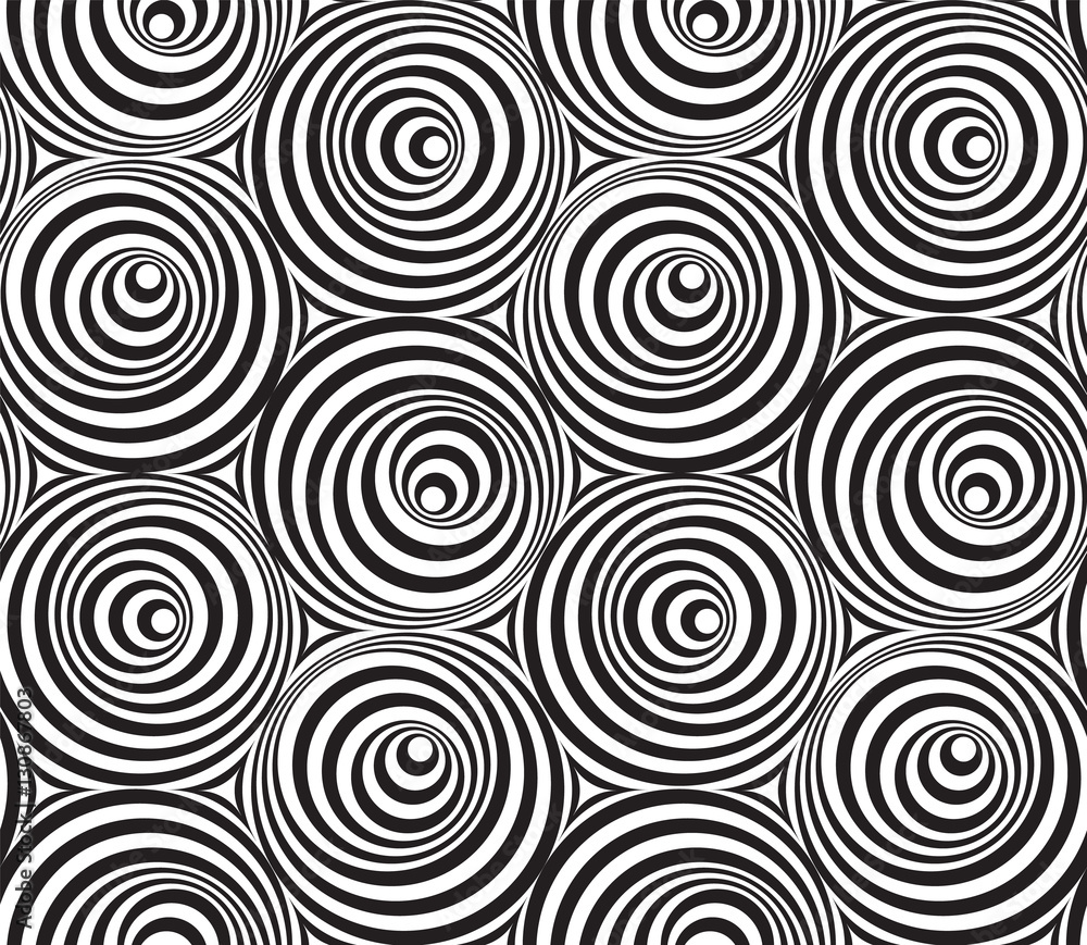 Abstract vector seamless op art pattern with circles. Monochrome graphic black and white ornament. Striped repeating texture. Abstract vector seamless op art pattern with circles. Monochrome graphic black and white ornament. Striped repeating texture.