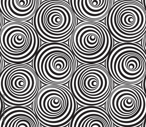 Abstract vector seamless op art pattern with circles. Monochrome  graphic black and white ornament. Striped repeating texture.