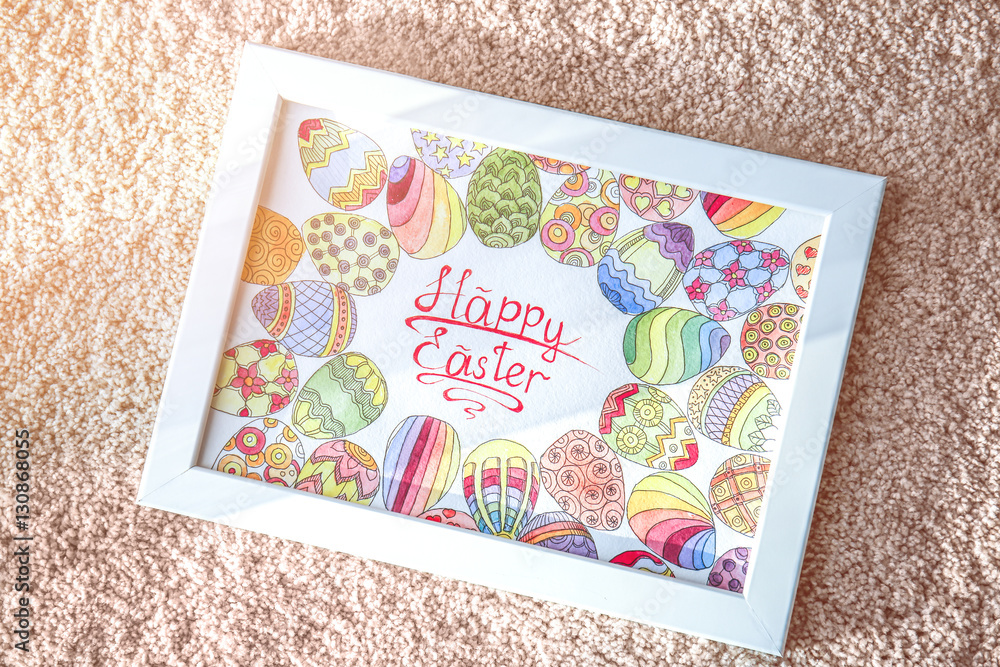 Easter greeting card in light frame lying on carpet
