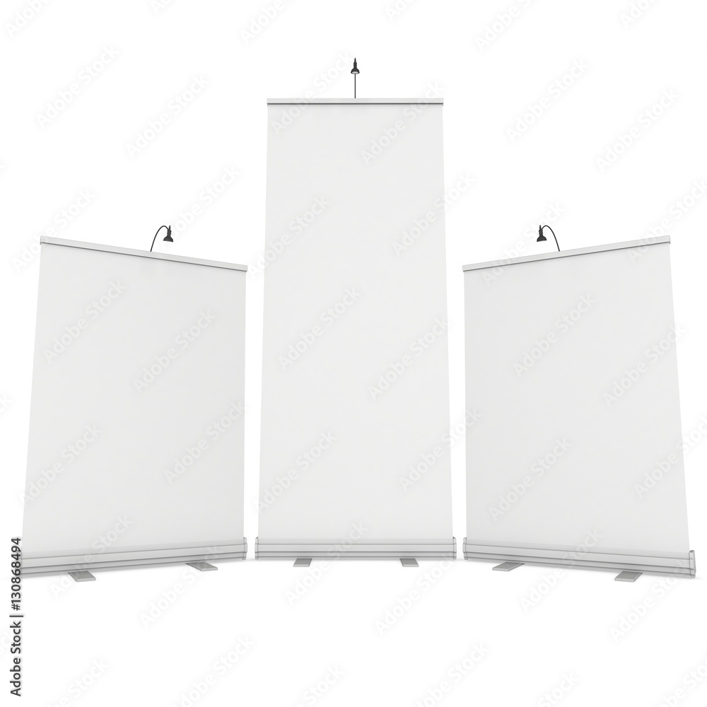 Blank Roll Up Expo Banner Stand Group. Trade show booth white and blank. 3d render illustration isolated on white background. Template mockup for your expo design. Blank Roll Up Expo Banner Stand Group. Trade show booth white and blank. 3d render illustration isolated on white background. Template mockup for your expo design.