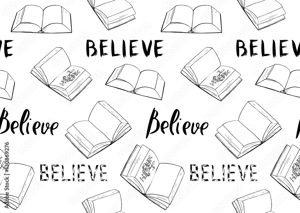 Believe. Books and Bible lettering. Brush calligraphy. .Hand drawing illustration. Words about God. Seamless vector pattern. Believe. Books and Bible lettering. Brush calligraphy. .Hand drawing illustration. Words about God. Seamless vector pattern.