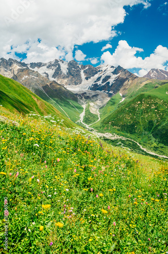 Rocky Caucasus Mountains (Bezengi Wall, Shkhara) landscape in Ushguli, Svaneti, Georgia 