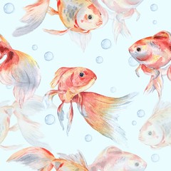 Wandcirkels Goudvis patronen Goudvissen met bubbels in aquarel  © shilovka