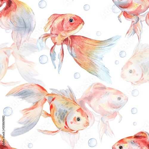 Poster de jardin Modèle sans couture avec poisson rouge et bulles 1.  Peinture à l'aquarelle. Dessin à la main. 
