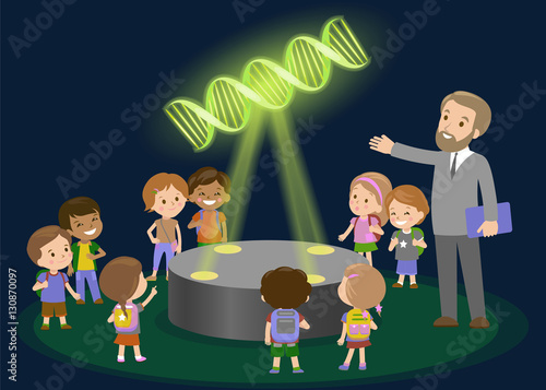 Innovation education elementary school learning technology and people concept - group of kids looking tomolecule  DNA. hologram on biology lesson future museum center