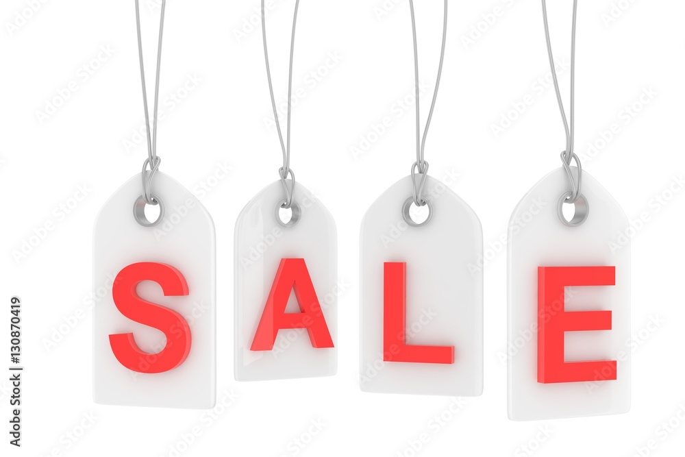 Colorful isolated sale labels on white background. Price tags. Special offer and promotion. Store discount. Shopping time. Red letters on white labels. 3D rendering. Colorful isolated sale labels on white background. Price tags. Special offer and promotion. Store discount. Shopping time. Red letters on white labels. 3D rendering.