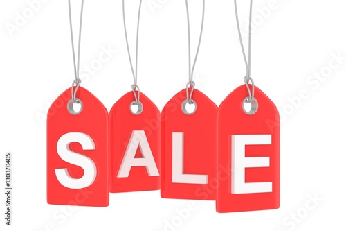 Red isolated sale labels on white background. Price tags. Special offer and promotion. Store discount. Shopping time. 3D rendering.