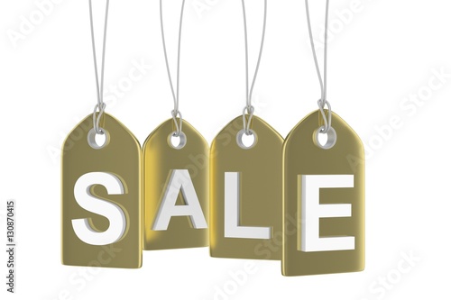 Golden isolated sale labels on white background. Price tags. Special offer and promotion. Store discount. Shopping time. 3D rendering.
